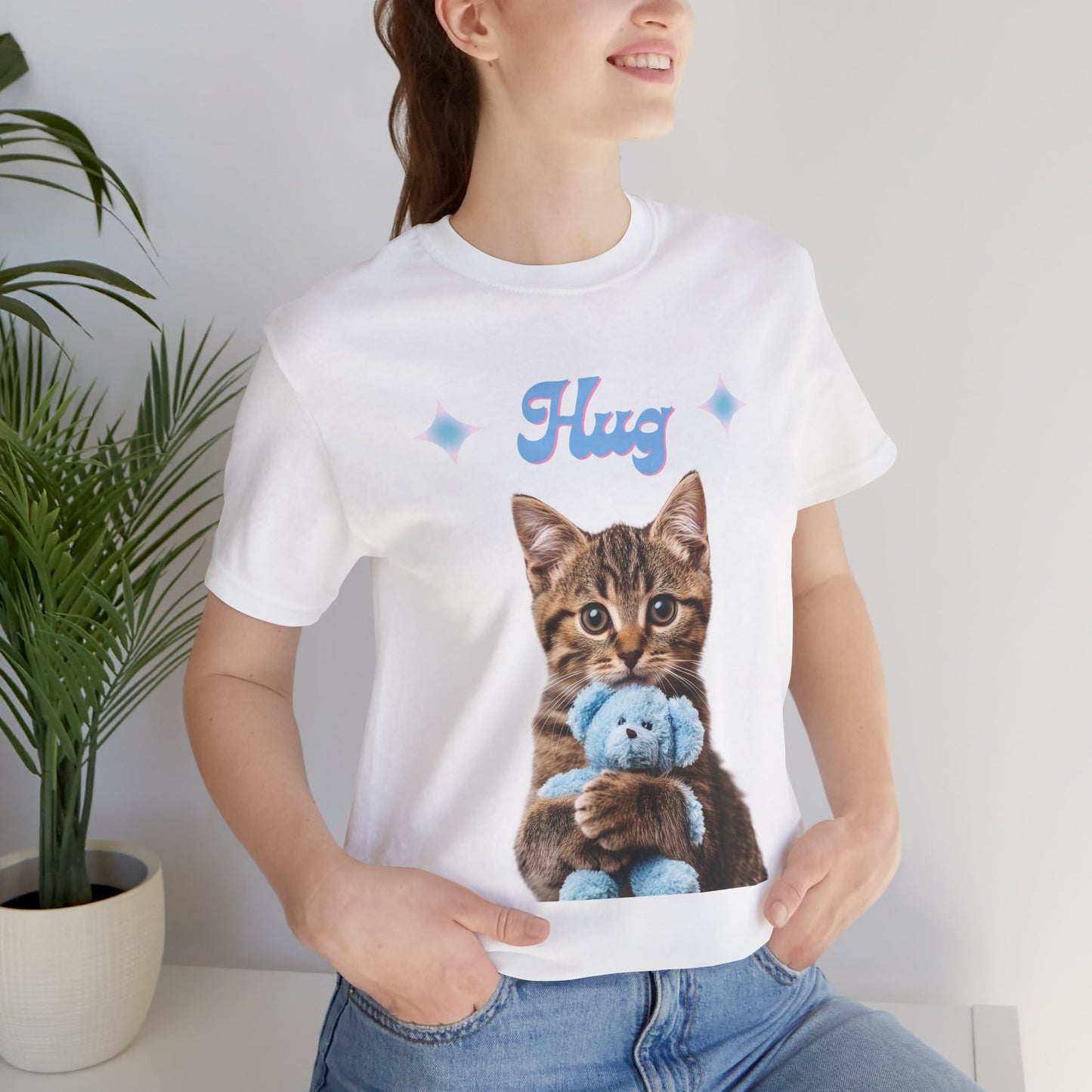 Hug Women's T Shirt With Cute Tabby Cat Hugging His Teddy