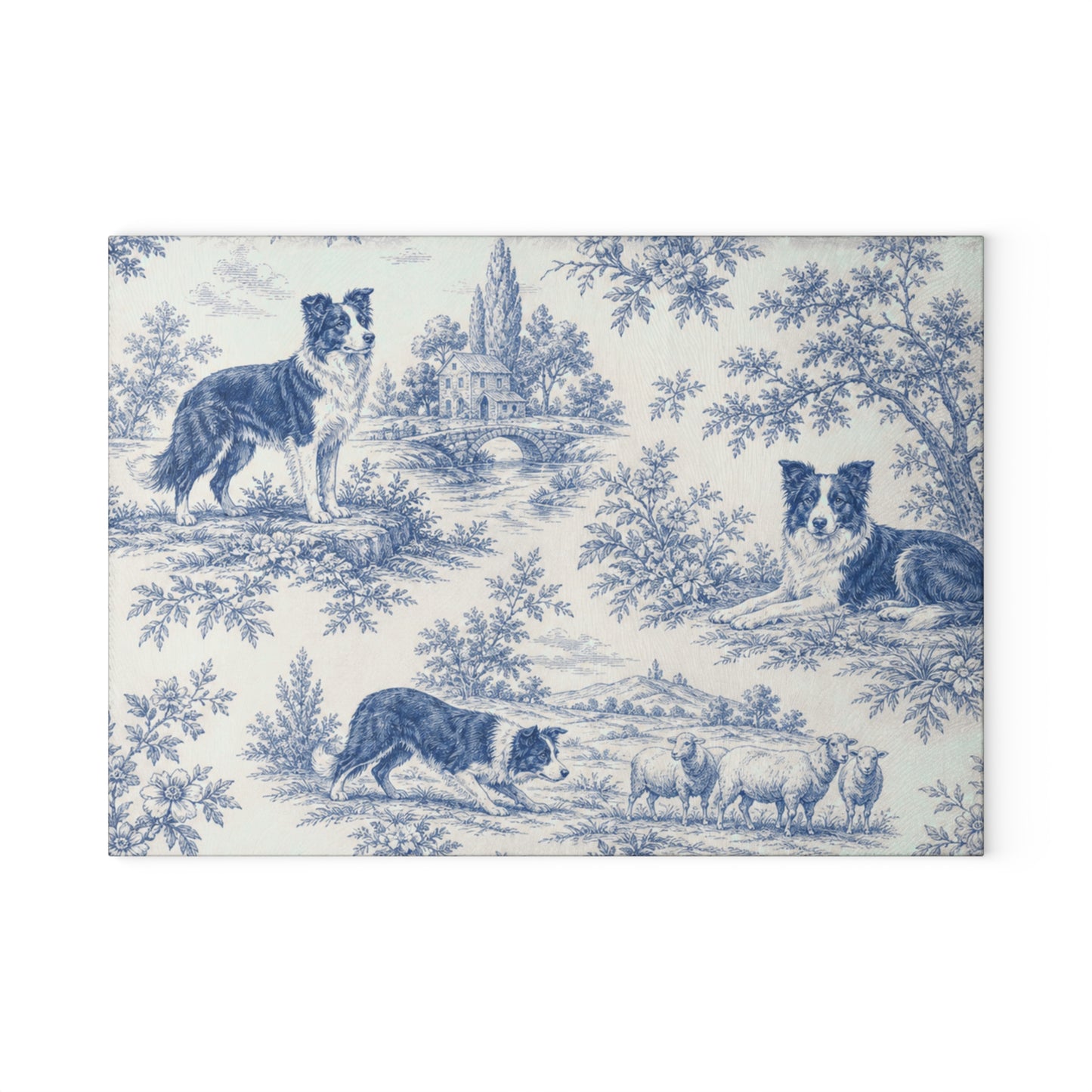 Glass Cutting Board — Blue Toile Border Collie Kitchen Cutting Board