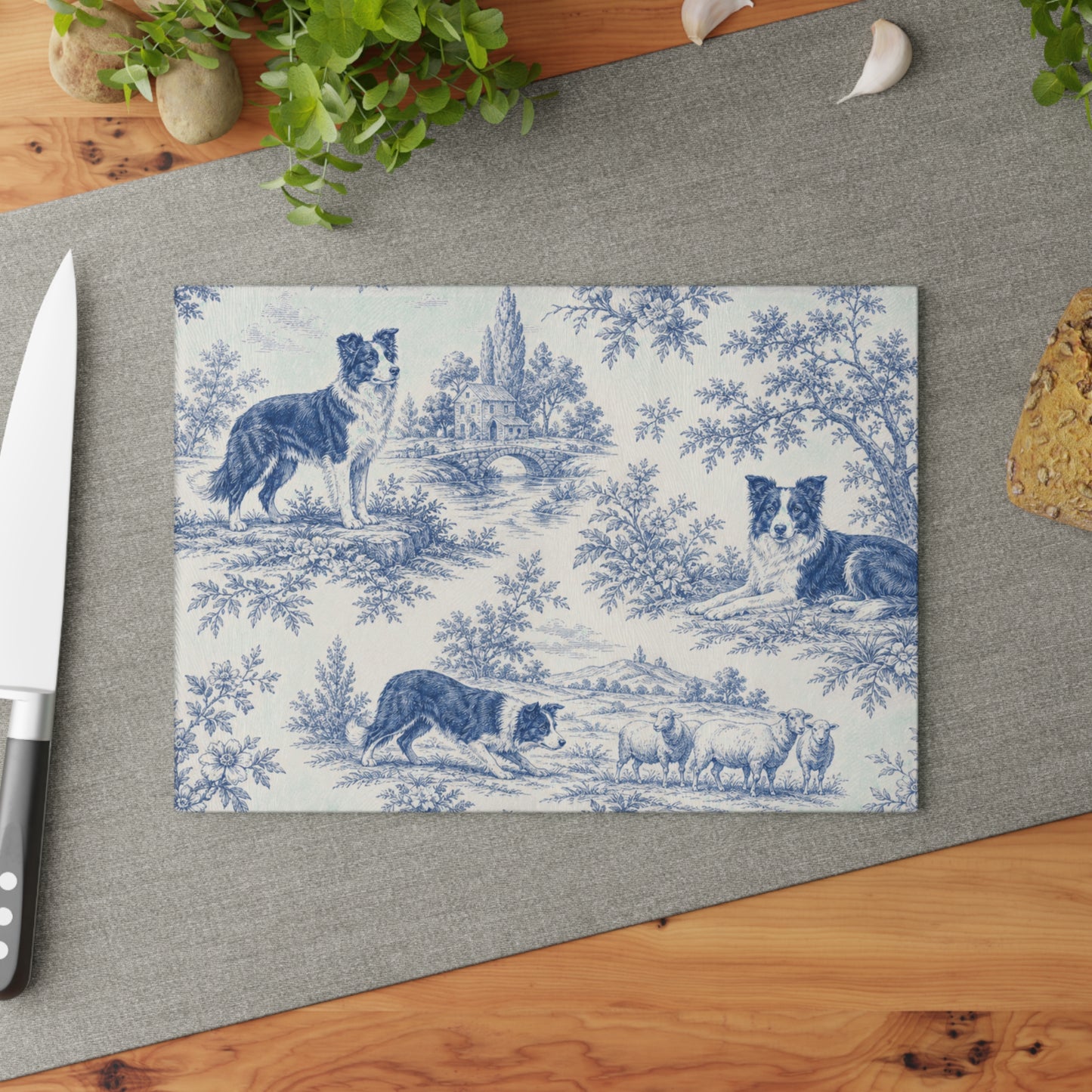 Glass Cutting Board — Blue Toile Border Collie Kitchen Cutting Board
