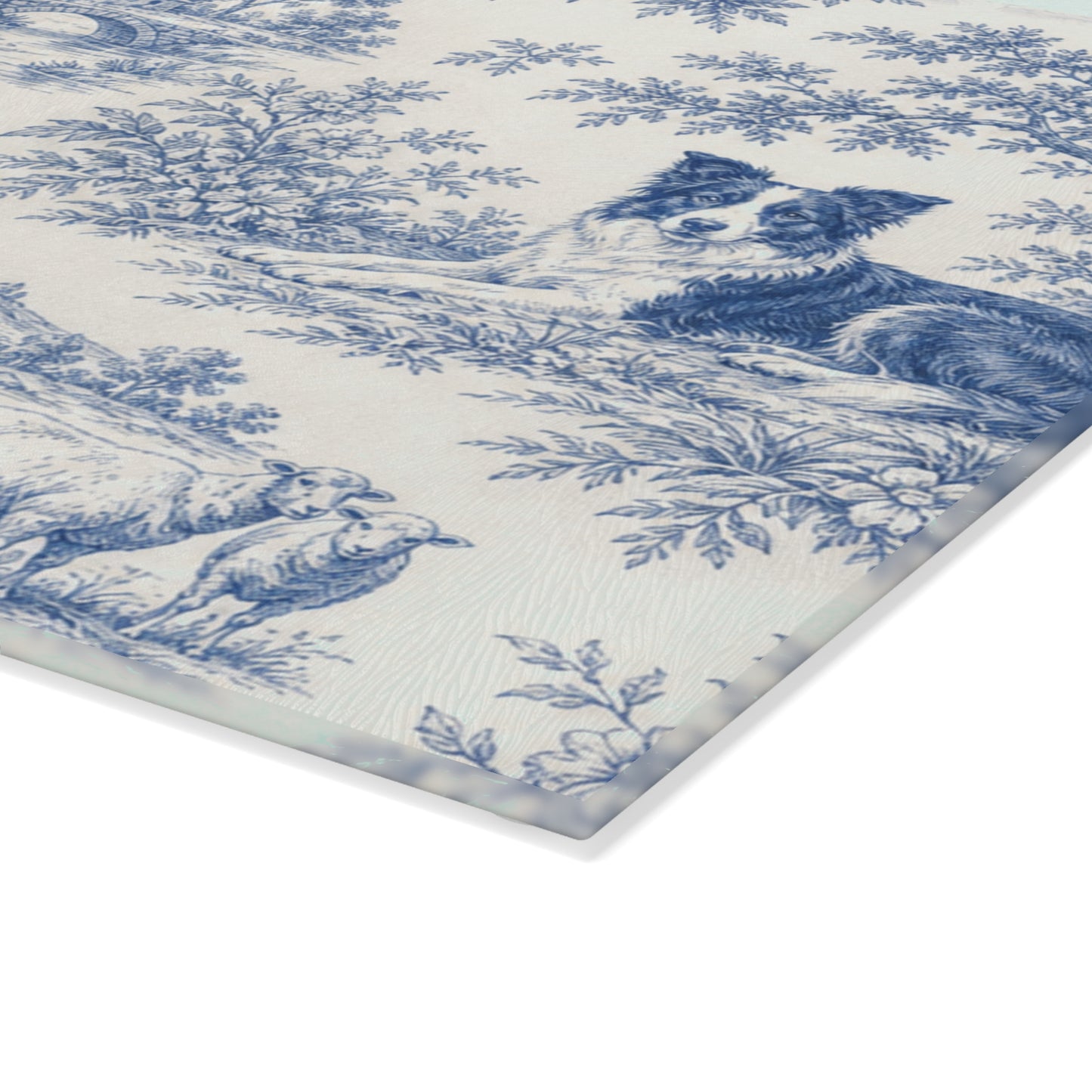 Glass Cutting Board — Blue Toile Border Collie Kitchen Cutting Board