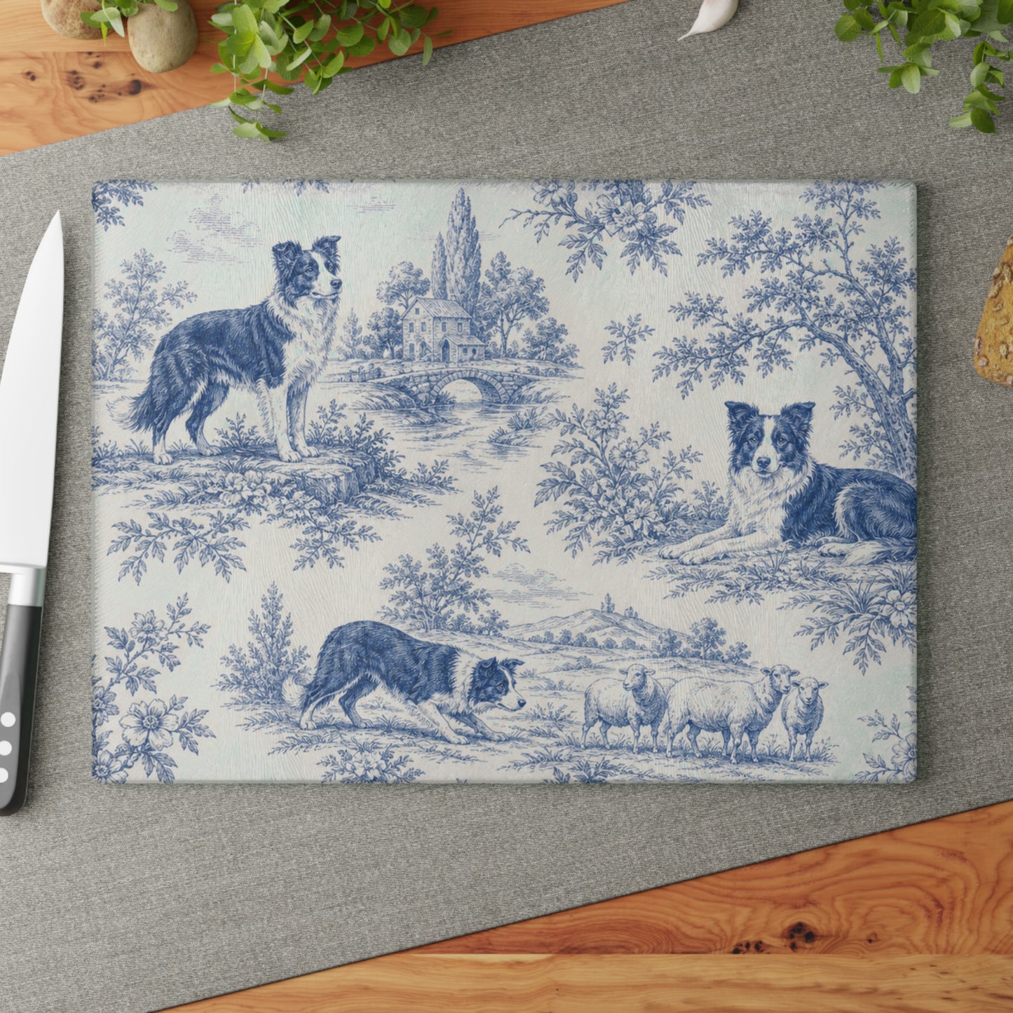 Glass Cutting Board — Blue Toile Border Collie Kitchen Cutting Board