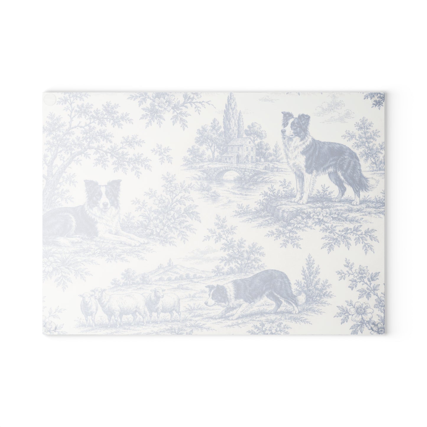 Glass Cutting Board — Blue Toile Border Collie Kitchen Cutting Board