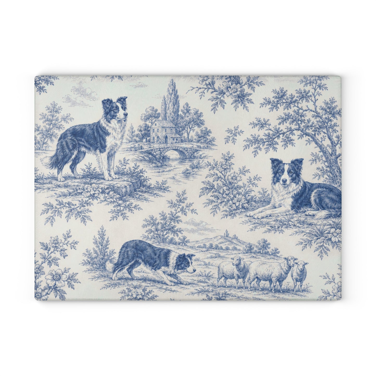 Glass Cutting Board — Blue Toile Border Collie Kitchen Cutting Board