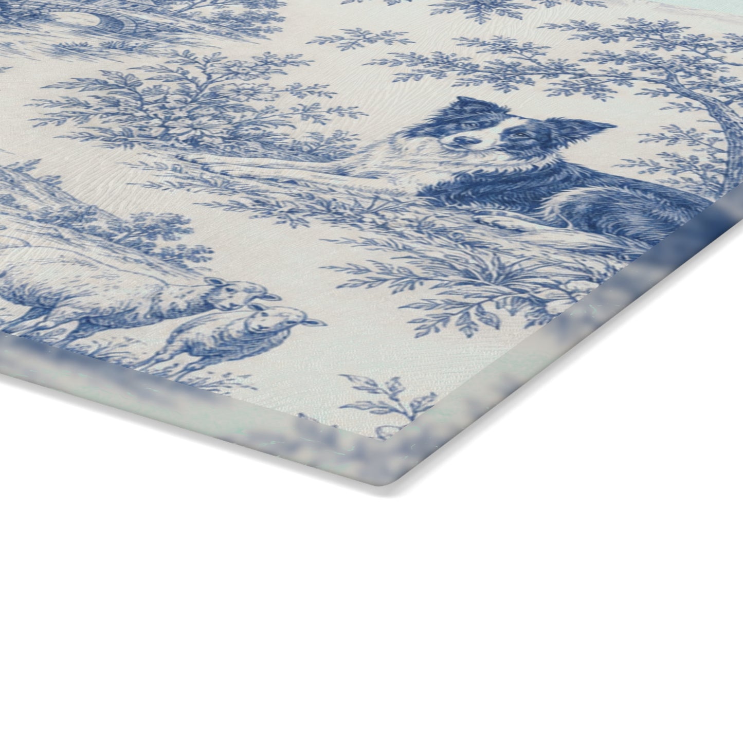 Glass Cutting Board — Blue Toile Border Collie Kitchen Cutting Board